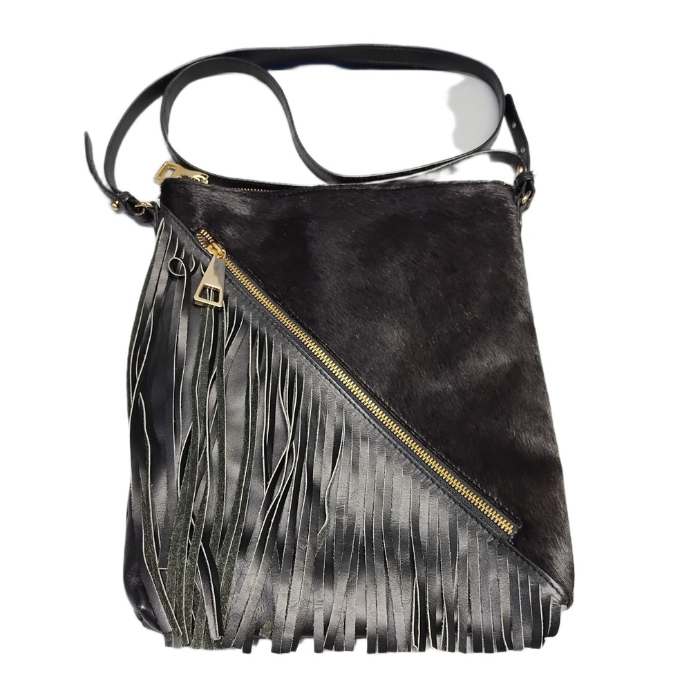Sondra Roberts Crossbody Bag Womens Black Fringe Adjustable Strap Zip Closure